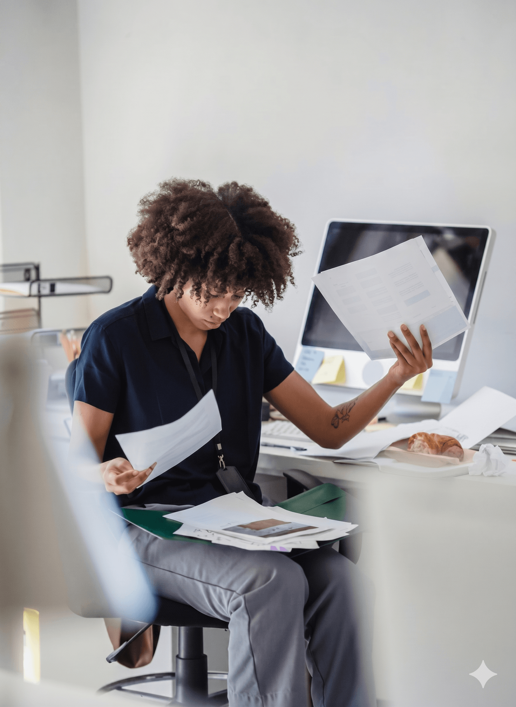 Overwhelmed advisor with paperwork