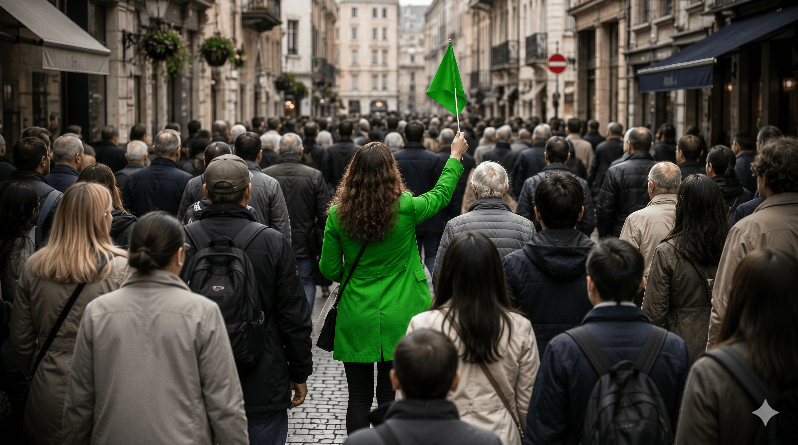 Crowd on city street — person with green flag