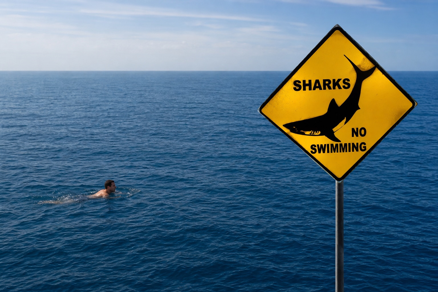 Sharks No Swimming sign with oblivious swimmer
